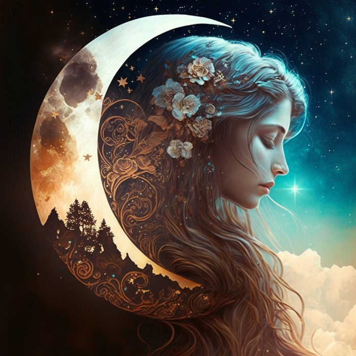 a beautiful woman framed by a crescent Moon